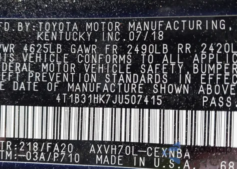 2018 Toyota Camry Hybrid Le из США, поврежденный, VIN 4T1B31HK7JU507415